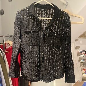 Black Lace Women's blouse size medium beautiful gem buttons